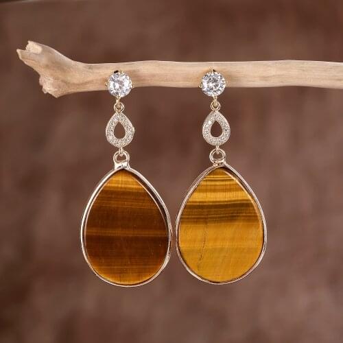 Zircon Pave Pin Tiger eye Stones Teardrop Earrings