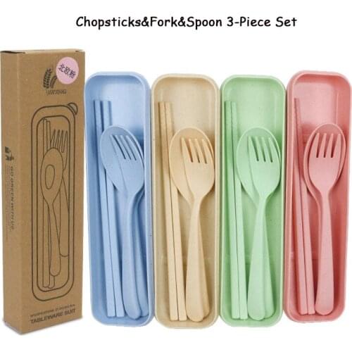 Childrens Kitchen Tableware Spoon/Fork/Chopsticks Kit Portable Camping Wheat Straw 1 Fork 1Spoon 1Pair Chopsticks Tableware Set