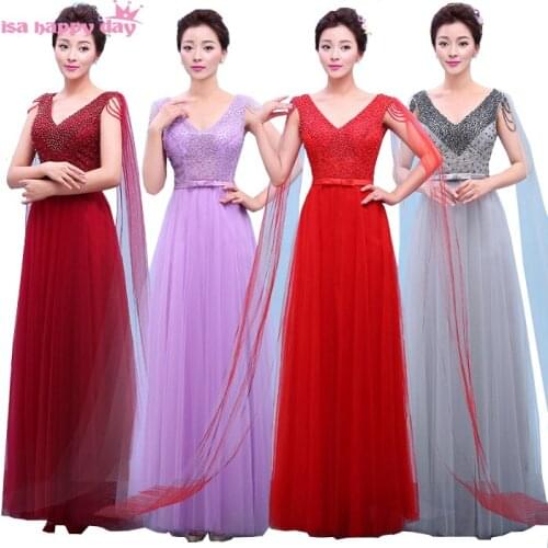 Light purple bridesmaid bride dresses tulle bridemaid elegant bridesmaids dress long v neck to party for weddings B3767