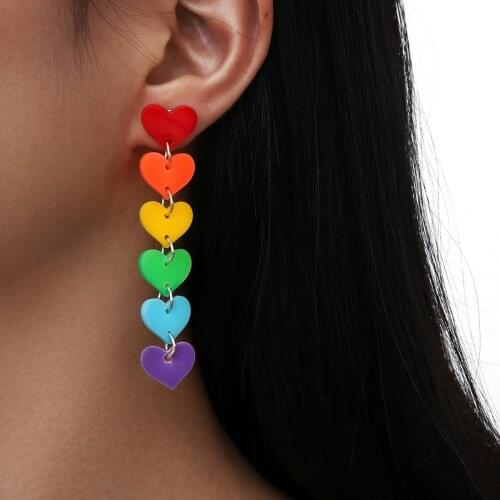 European and American jewelry with rainbow red orange yellow green blue purple six color acrylic tassel Heart Shaped Earrings