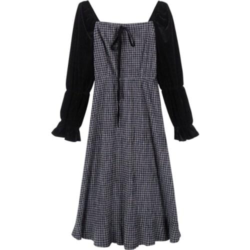 Lattice Splicing Velvet Pastel Vestidos Elegant Retro Vacation Robe Spring Fall New Style Long Plus Size Black Dress Women