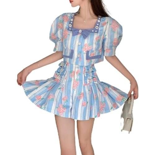 PERHAPS U Grils Two Piece Set Stripe Flower Print Beaded Bow Puff Sleeve Shirt High Waist Pleated Flare Pants Shorts Set T3063