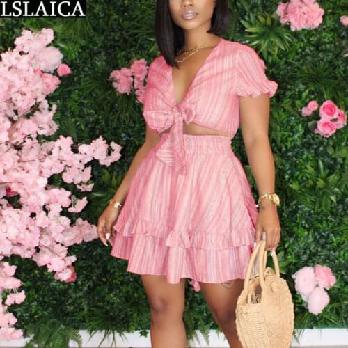 Two Piece Set Top And Skirt Crop Top Women Short Sleeve Ruffle V Neck Fashion Striped Skirt And Top Set Sweet Beach Holiday