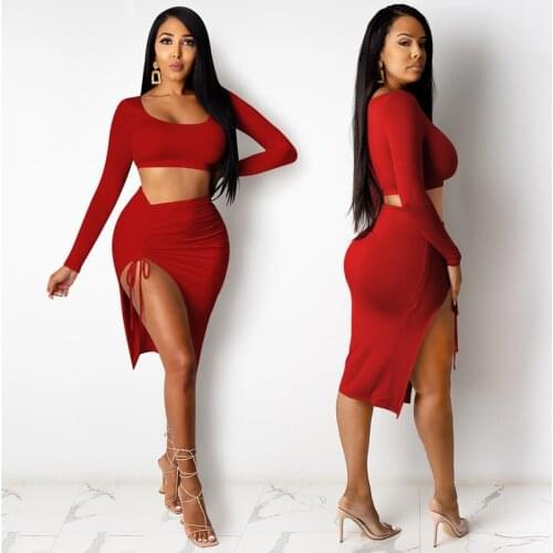 TNNAOFF Sexy 2 Piece Skirt Set for Women Long Sleeve Short Crop Top+Bandage Stacked Bodycon Mini Dress Night Club Matching Sets