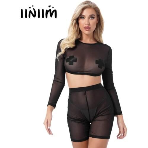 Womens See-through Mesh Erotic Lingerie Set Round Neck Long Sleeve Crop Top with High Waist Elastic Waistband Shorts Sexy Outfit