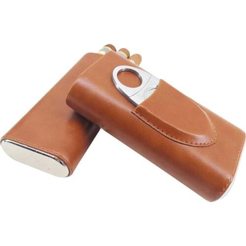 3-Cigars Humidors Cigar Box Leather Cigar Case with Cigar Cutter Portable Travel Cigar Case Humidor Accessories