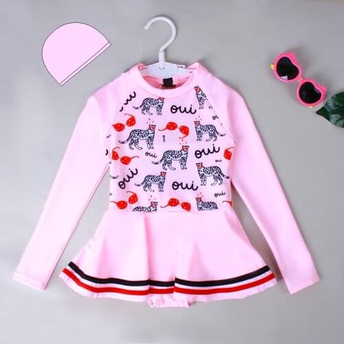 2021 hot selling girls' long sleeve Pink Leopard skirt open back one-piece hot spring breathable quick drying swimming suit