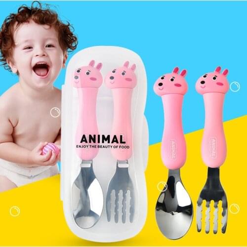 Baby Feeding Material Cartoon Cutlery Suit Student Stainless Steel Tableware Animal Fork Spoon Set Utensils Baby Eating