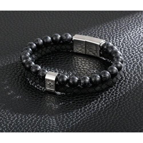 Trendy male personality stainless steel bracelet fashion bead bracelet mens cross multilayer leather bracelet