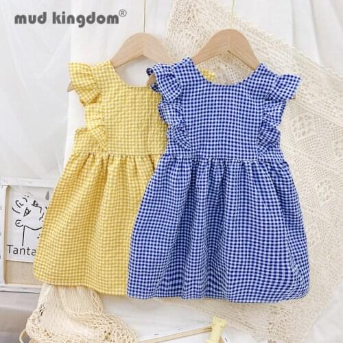 Mudkingdom Plaid Sleeveless Dress for Girls Cute Ruffles Sashes Button Back V Neck Princess Dresses Kids Summer Children Clothes