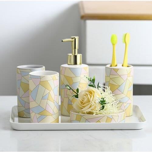 Geometric Lines Ceramic Barthroom 5pcs Set Melamine Tray Bathroom Kit Wedding Washing Set Bathroom Supplies Toothbrush Holder