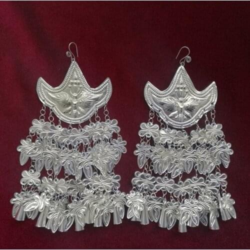 National style Yang Liping style exaggerated earrings handmade Miao silver long fringe Miao costume big earrings