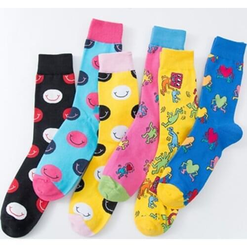New Style Men Socks Colorful Large Size Fashion Cute Smiley Trend Socks Colorful High Tube Casual Cotton Breathable Sport Socks