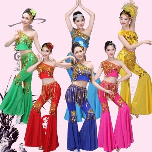New Chinese Traditional Peacock Dance Dress Women Folk Costume Girls Dance Wear for Performance Sequined Peacock Dance Clothing