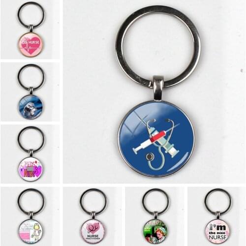 New Home Nurse Stethoscope Syringe Picture Key Chain Glass Convex Dome Pendant Men and Women Fashion Charm Keychain DIY Jewelry