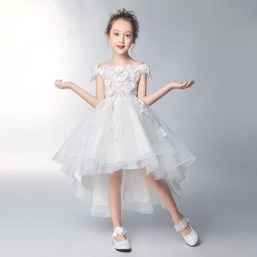 Girls Princess Dresses Off Shoulder White Tulle Flower Girl Dresses for Weddings Appliques Flowers Kids Party Communion Gowns