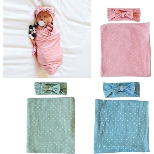 J60B Newborn Receiving Blanket Bowknot Headband Set Baby Infant Cotton Sleeping Bag Swaddle Wrap Hairband
