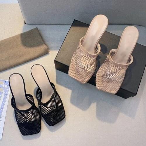 Baotou Square-toe Sandals and Slippers Womens Summer Wear High-heeled Stiletto Mesh Mesh Breathable Slippers