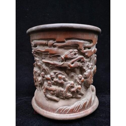 YIZHU CULTUER ART Collected China Ancient Bamboo Hand Carving Eighteen Disciples Buddha Brush Pot Decoration Gift