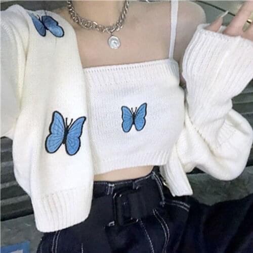Harajuku Butterfly Embroidery Sweater Women Spring And Autumn Sweet Fashion Knitted Black Sexy Button Vintage Cardigan Clothes