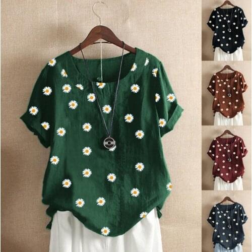 Womens Chrysanthemum Print Round Neck Short Sleeve Loose T-shirt Pullover Ladies Cotton Linen Blended Shirt Plus Size