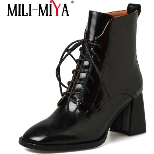 MILI-MIYA New Arrival Women Ankle Boots Genuine Leather Thick High Heels Square Toe Fashion Lace Up Zipper British Style Shoes