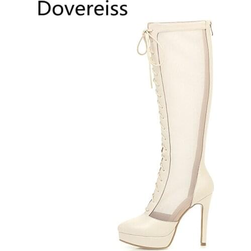 Dovereiss Fashion shoes for woman new Pure color Cross tied sexy Mesh Elegant Ladies Boots Elegant Knee High Boots big size 43
