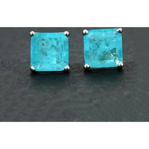 Trendy 100% Solid 925 Sterling Silver 7MM Square Paraiba Tourmaline Emerald Stud Earrings for Women Party Fashion Fine Jewelry