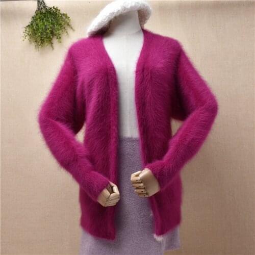 Ladies women fashion hairy plush pull rose mink cashmere knitted long sleeves slim cardigans angora rabbit hair jacket sweater