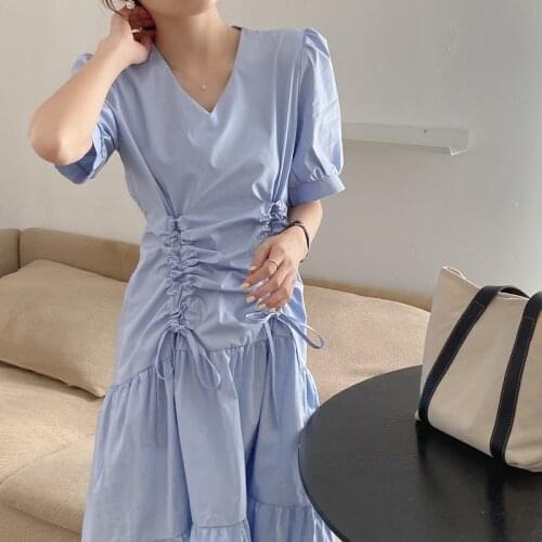 2020 Women Summer Vintage Elegant V Neck Long Mermaid Dress Drawstring Pleat Cascading Ruffle Midi Sundress