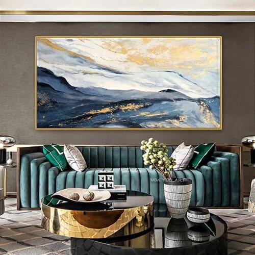Abstract Gold Foil Block Painting Blue Poster Modern Golden Wall Art Picture for Living Room Navy Decor Big Size Tableaux