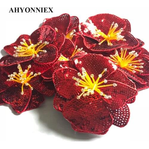 AHYONNIEX Red Rose 3D Sew On Sequins Flowers Patch Clothes 11CM X 11CM DIY Applique Patches for Clothing Bordados Para La Ropa