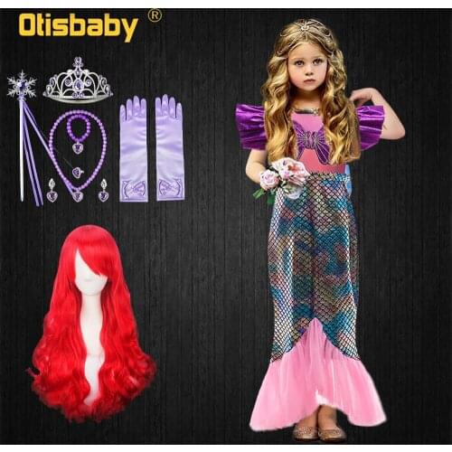 Halloween Little Mermaid Costume Girls Princess Ariel Dress Big Bow Mermaid Dresses Red Curly Wig for Children Fantasia Ariel