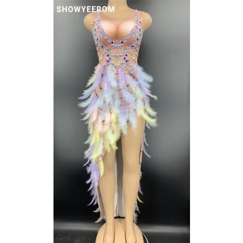 Sparkly Colorful feathers Rhinestone Mirror Elastic fabric Long Dress Women Birthday Stage play Dress Dancer Party Show Dress