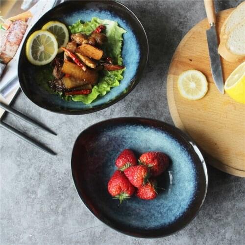 Ceramic Dark Blue Irregular Steak Plate Nordic Soup Noodle Rice Bowl Breakfast Snacks Fruit Dishes Kitchen Decoration Dinnerware