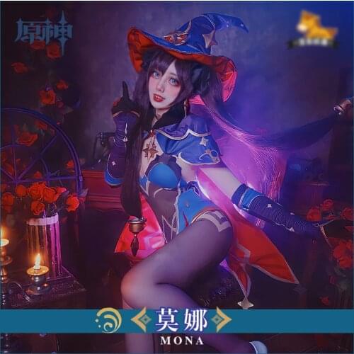 Hot Game Genshin Impact Cosplay Costume Mona Sexy Jumpsuit Anime Project Women Pantyhose Cloak Hat Glove Earring Bow Knot Prop