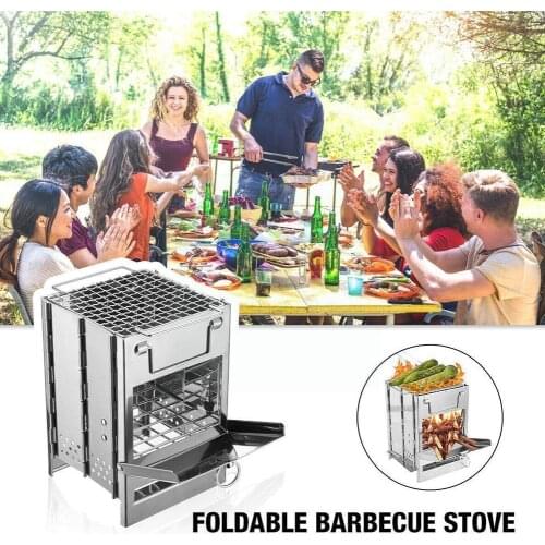 Square Wood Stove Outdoor BBQ Mini Grill BBQ Outdoor Camping BBQ Firewood Folding BBQ Picnic Stove R8K6