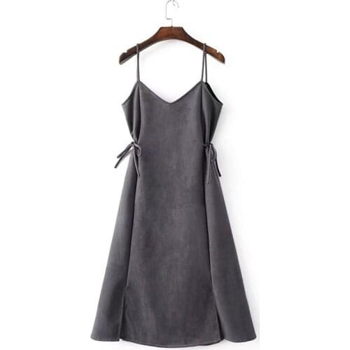 Autumn Winter Women Faux Suede Dresses Female Spaghetti Strap Dress Vintage Western Style Lace Up Dress Lady Long Vestidos WZ054