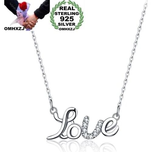 OMHXZJ Wholesale Personality Fashion OL Woman Girl Party Gift White LOVE AAA Zircon 925 Sterling Silver Pendant Necklace NC60