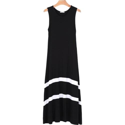 PERHAPS U Black White O Neck Sleeveless Tank Maxi Long Dress Summer Modal Ankle Length Loose Casual D0366
