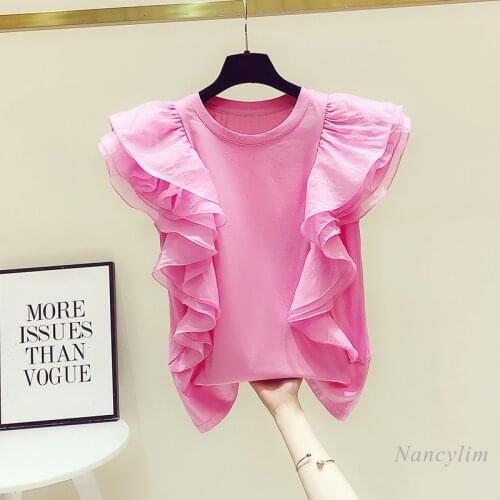 Mesh Ruffled Short Sleeve Loose T-shirt Woman 2021 Summer Clothing New Design Female Tops Pink Black Nancylim