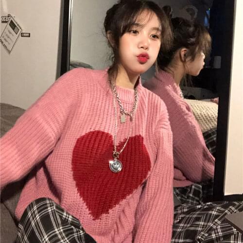 Korean Winter New Sweet Heart-shaped Pattern Sweater Vintage Harajuku Style Full Sleeve Pullovers Loose Knitting Casual Sweater