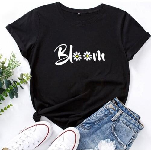 Bloom Flowers Print Summer T-shirt Women O-neck Cotton Short Sleeve Tee Shirt Fashion Graphic T Shirts Women Loose T-shirt Femme