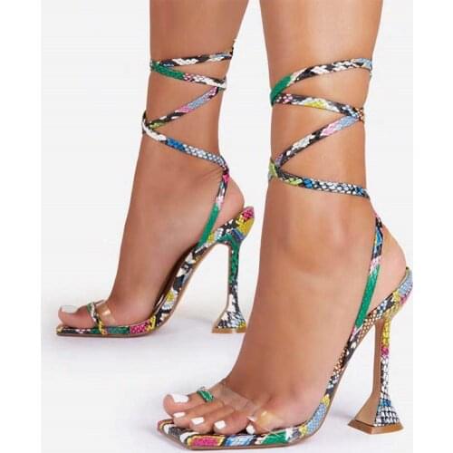 2021 New Summer Serpentine Women Sandals Snake Print Lace Up Sexy Spike Heel Ladies Shoes Clear Strap High Heels Sandals