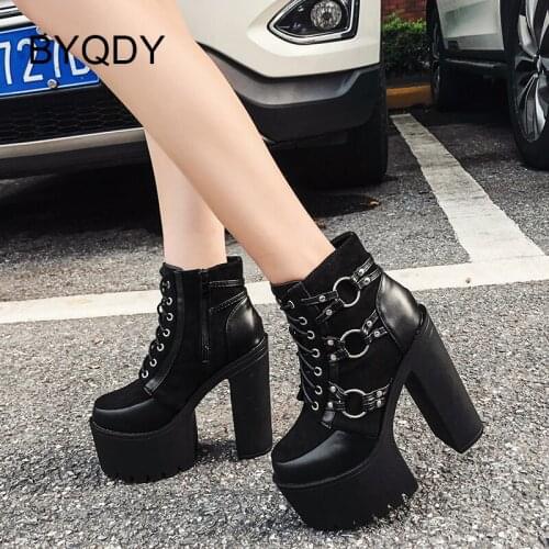 BYQDY 2021 Autumn Winter News Gothic Ankle Boots For Women Solid Black Lace-Up Rivets Designs Round Buckles Flock Short Boots