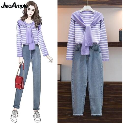 2021 Autumn New Fashion Womens 2 Pcs Jeans Set Student Caudal Stripe Lace Up T Shirt+Wide Leg Denim Pants Suit Lady Full Sleeve