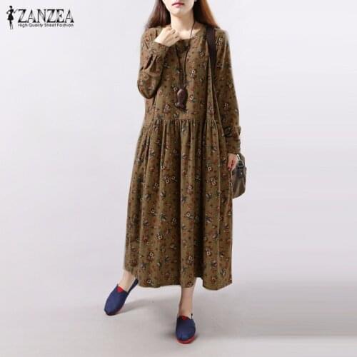 ZANZEA Women 2016 Autumn Vintage Floral Print Dress Long Sleeve O Neck Pockets Loose Casual Mid-calf Dresses Vestidos