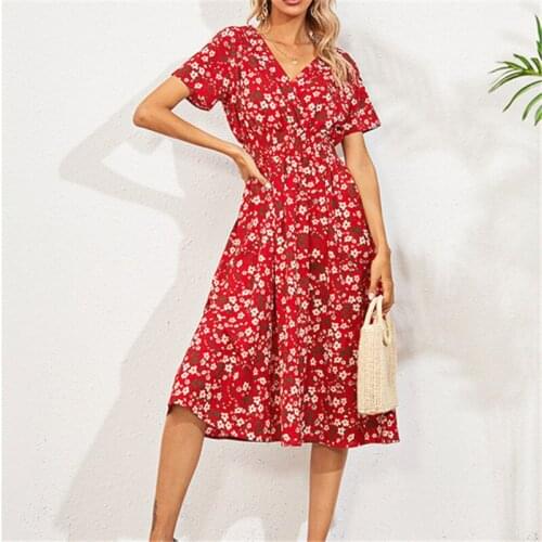 Ms. Summer Beach Dress Leisure Short-sleeved Floral Print Dress Fashion Clothes Strawberry Dress Birthday Dress for Women