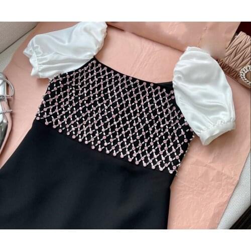 2021 Summer Womens Diamond Elegant High Waist Mini Dress French Vintage Square Neck Puff Sleeve Party Dress Female Cotton Blend