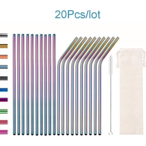 20 PCS Rainbow Colorful 304 Stainless Steel Drinking Straw Eco-friendly Reusable Straws Metal Bent Set Party Favor Bar Accessory